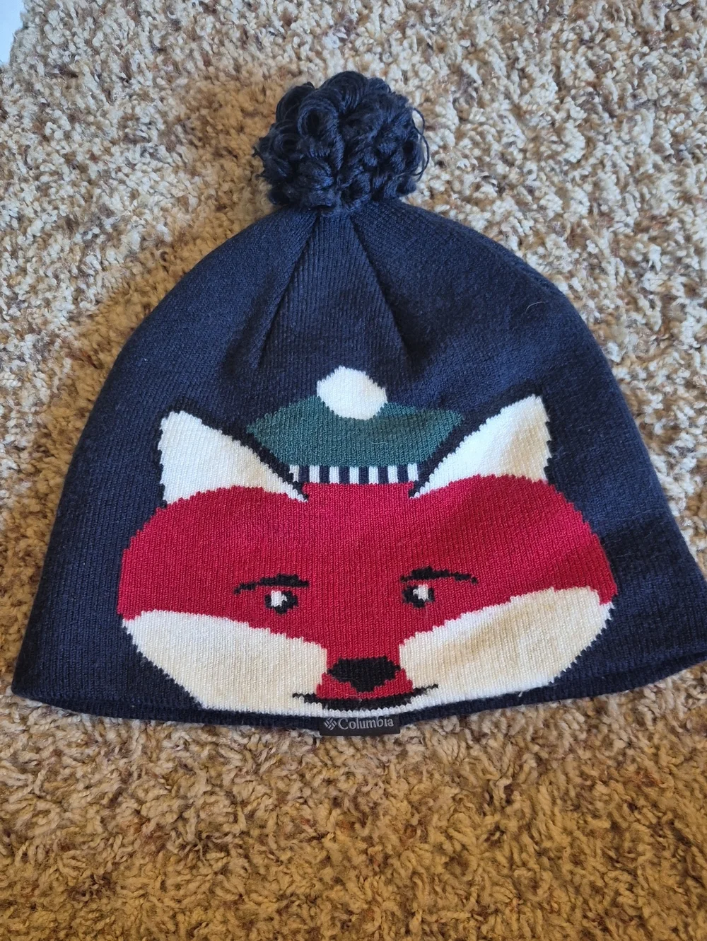 Columbia Navy Kids Pom Beanie with Red Fox Motif
